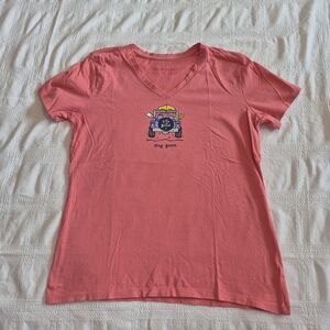 Life Is Good Women's Small V neck coral color Dog Gone tee shirt VGUC
